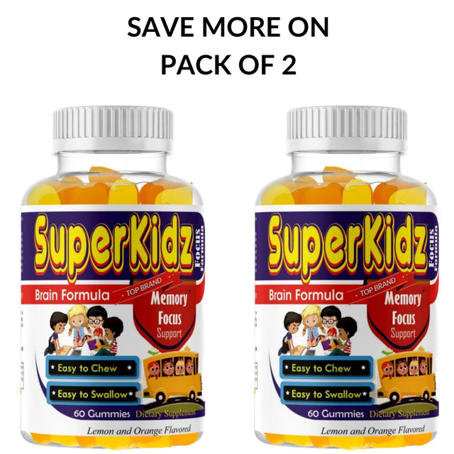 Superkidz Brain Focus Omega 3 Gummies for Kids (Pack of 2), Brain Booster Supplement for Focus, Memory, Clarity, Energy, Tasty Delicious Fruit Flavor