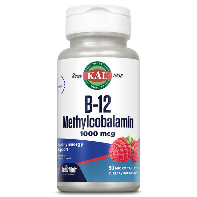 KAL B-12 Methylcobalamin Activmelt 1000 Mcg | Natural Raspberry Flavor | Healthy Metabolism, Energy, Nerve & Red Blood Cell Support | 90 Micro Tablets