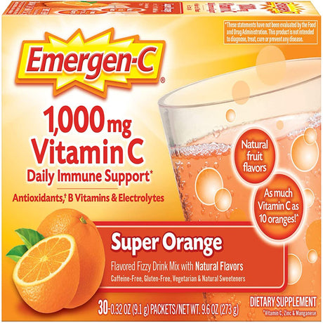 Emergen-C 1000Mg Vitamin C Powder, with Antioxidants, B Vitamins and Electrolytes, Vitamin C Supplements for Immune Support, Caffeine Free Fizzy Drink Mix, Super Orange Flavor - 30 Count