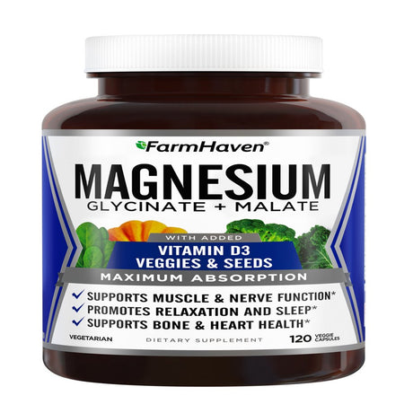 Magnesium Glycinate & Malate Complex W/Vitamin D3, 100% Chelated for Max Absorption, Vegetarian - Bone Health, Nerves, Muscles, 120 Capsules, 60 Days