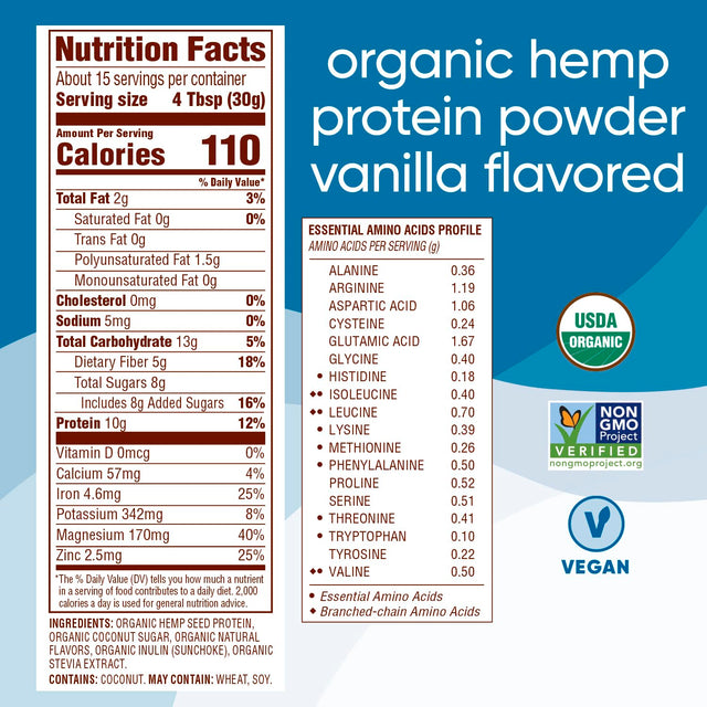 Nutiva Organic Cold-Pressed Hemp Seed Protein Powder, Vanilla, 16 Ounce