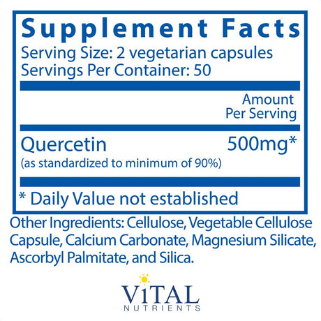 Vital Nutrients Quercetin 250Mg - Bioflavonoid for Sinus & Immune Support - Gluten Free, Soy Free, Dairy Free - 100 Vegetarian Capsules (25-Day Supply)
