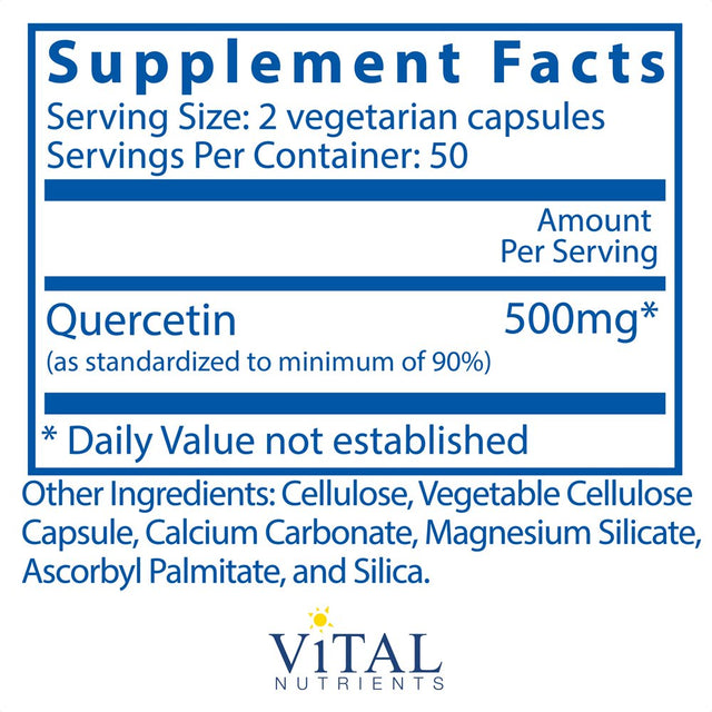 Vital Nutrients Quercetin 250Mg - Bioflavonoid for Sinus & Immune Support - Gluten Free, Soy Free, Dairy Free - 100 Vegetarian Capsules (25-Day Supply)