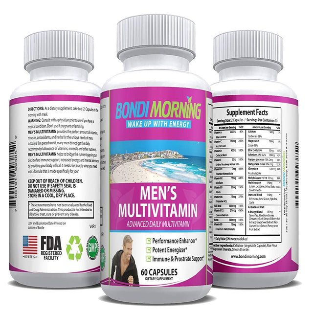 Bondi Morning Men'S Multivitamin - Performance Enhancer & Energizer Nongmo Advanced Daily Dietary Supplement - Vitamins, Minerals, Antioxidants & Herbs - 60 Capsules