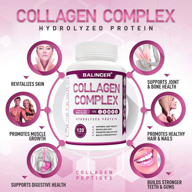 Balincer Premium Multi Collagen Peptides Capsules (Types I, II, III, V, X) - Hair, Skin and Nails, Digestive & Joint Health Supplement, Hydrolyzed Collagen Pills (60/120 Capsules)