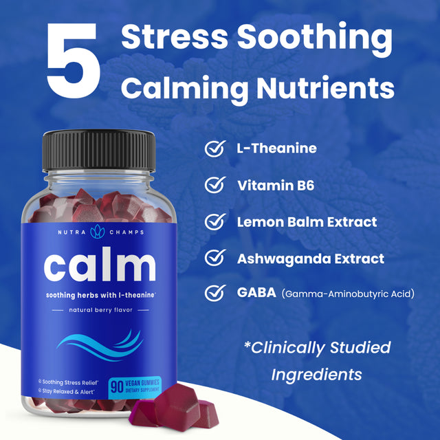 Nutrachamps Calm Gummies | Stress Gummies Supplement with Ashwagandha, L-Theanine, GABA, Vitamin B6 & Lemon Balm | Supports Mood, Focus & Stress Relief | Vegan & Non-Gmo | Natural Berry | 90 Gummies