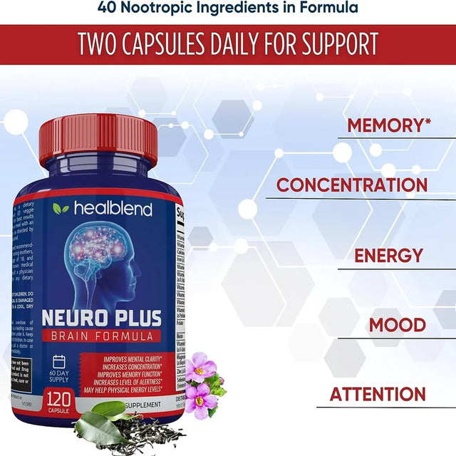 Healblend Neuro plus Brain Booster Supplements - Brain & Focus Formula, Supports Memory, Concentration & Mental Clarity for Adults – 120 3-Pack