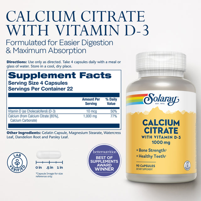 Solaray Calcium Citrate with Vitamin D-3 1000Mg | for Healthy Bones & Teeth, Cardiovascular, Muscle & Nerve Function | Enhanced Absorption | 90 Ct