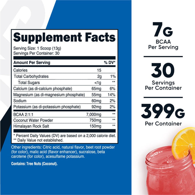 Nutricost BCAA + Hydration Powder Raspberry Lemonade (30 SERV) - Non-Gmo, Gluten Free Supplement