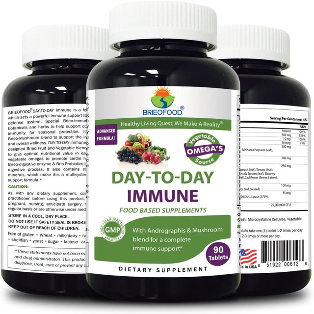 Brieofood Immune 90 Tablets, Food Based Daily Immune System Booster Supplement Made with Vegetable Source Omegas, Probiotics and Herbal Blends