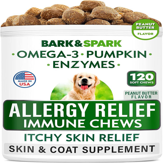 Dog Allergy Relief Chews - Anti-Itch Skin & Coat Supplement - Omega 3 Fish Oil - Itchy Skin Relief Treatment Pills - Itching & Paw Licking - Dry Skin & Hot Spots - (120 Immune Treats - Peanut Butter)