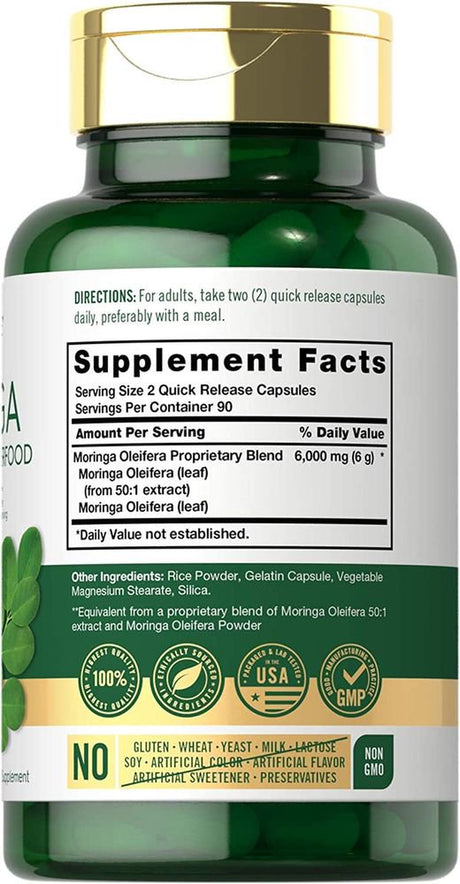 Moringa Oleifera | 6000 Mg | 180 Powder Capsules | by Carlyle