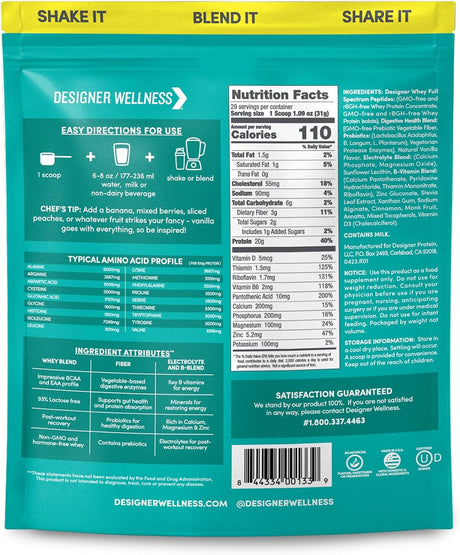 Designer Wellness, Designer Whey, Natural Whey Protein Powder with Probiotics, Fiber, and Key B-Vitamins for Energy, Gluten-Free, French Vanilla, 2 Lb