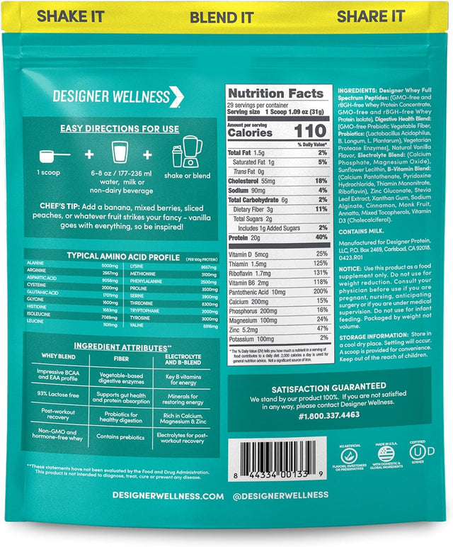 Designer Wellness, Designer Whey, Natural Whey Protein Powder with Probiotics, Fiber, and Key B-Vitamins for Energy, Gluten-Free, French Vanilla, 2 Lb