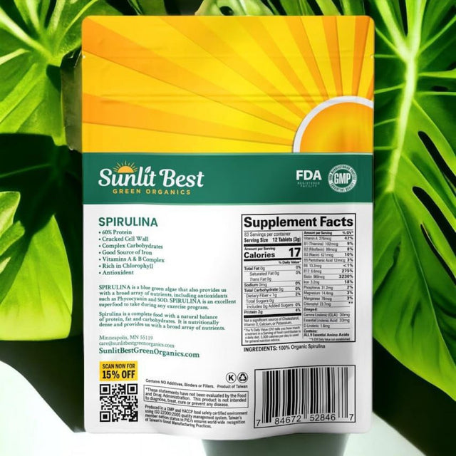 Sunlit Best - USDA Organic Spirulina Tablet - Natural Super Greens Supplements for Immune Support, Gut Health & Energy Drink Tablets with Chlorophyll, Vegan & High Protein Non GMO, 1000 Superfood Tab