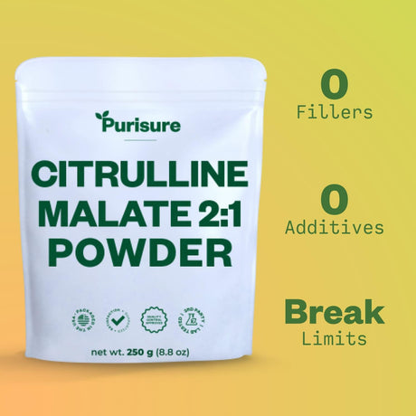 Purisure L-Ctrulline Powder 250G, Premium Citrulline 2:1 Malate Supplement for Strength Performance and Energy, Pre-Workout Citrulline Malate Powder - Enhance Muscle Pumps and Recovery - 83 Servings