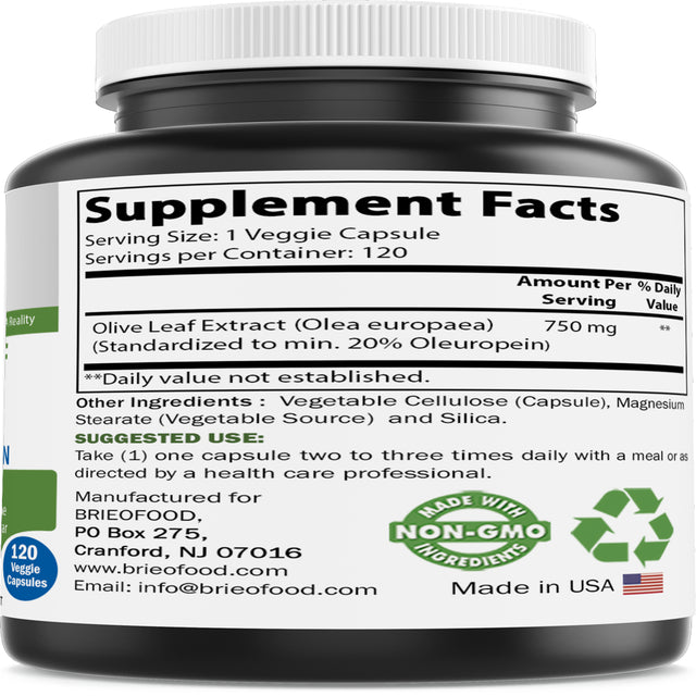 Brieofood Olive Leaf Extract 750 Mg - 20% Oleuropein - Immune Support - 120 Veggie Capsules