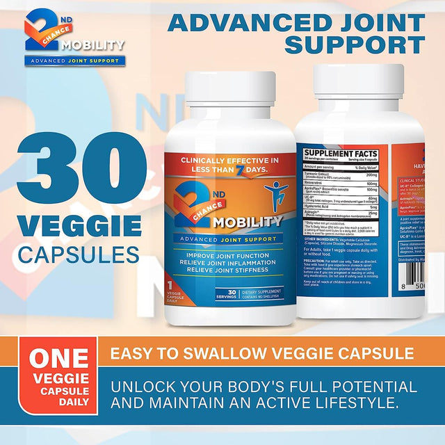 2ND Chance Mobility Advanced Joint Support Supplement - Turmeric, Resveratrol, Apresflex Boswellia Serrata Extract, UC-II Collagen - Vitamins and Nutrients for Back, Limbs, Hip, & Knee - 30 Count