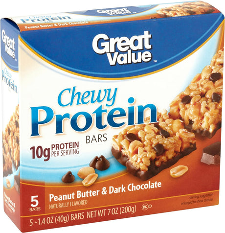 Great Value Peanut Butter & Dark Chocolate Chewy Protein Bars, 1.4 Oz, 5 Count