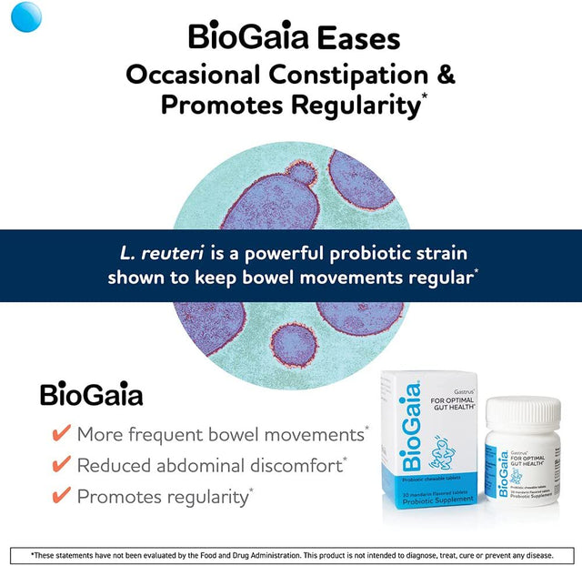 Biogaia Gastrus Chewable Tablets, Adult Probiotic Supplement for Stomach Discomfort, Constipation, Gas, Bloating, Regularity, Non-Gmo, 30 Tablets, 1 Pack