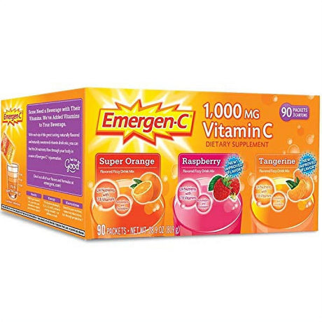 Emergen-C 1,000 Mg Vitamin C Dietary Supplement Drink Mix, Super Orange/Raspberry/Tagerine, 90 Packets