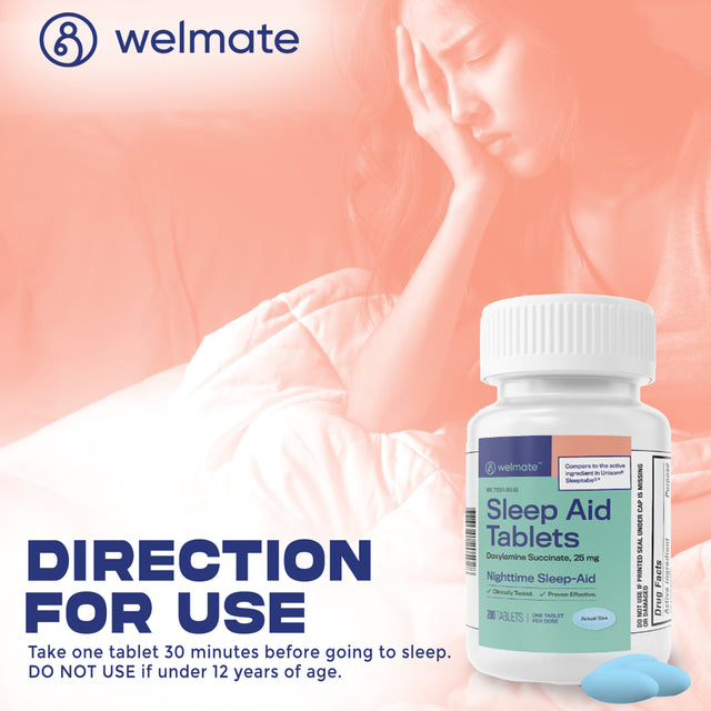 Welmate Sleep Aid - Doxylamine Succinate 25 Mg - Insomnia Support - USA Made - 200 Count Tablets