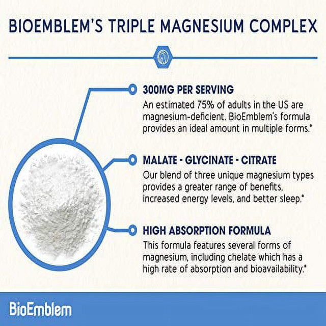 Bioemblem Triple Magnesium Complex | 300Mg of Magnesium Glycinate, Malate, & Citrate for Muscles, Nerves, & Energy | High Absorption | Vegan, Non-Gmo | 90 Capsules