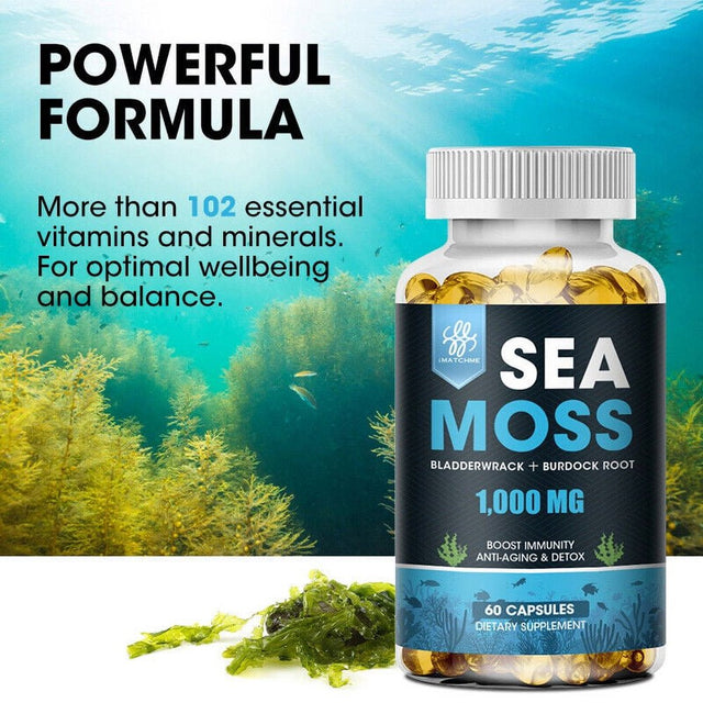 Imatchme 100% Natural Sea Moss Capsules 1000Mg Supplement - Immune System, Gut, Skin & Thyroid Support - 60 Capsules