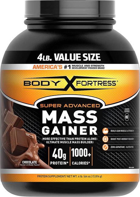 Body Fortress Super Advanced Mass Gainer Whey Protein Powder, Gluten Free, Chocolate, 4 Lb