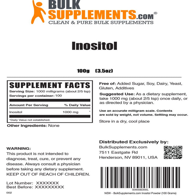 Bulksupplements.Com Inositol Powder, 1000Mg - Vitamin B8 Supplement for Brain, Heart, & Lung Support (100G - 100 Servings)