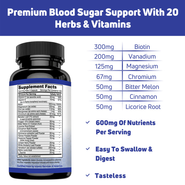 Blood Sugar Support Supplement by SHIFAA NUTRITION | Promotes Healthy Blood Sugar Levels, Glucose Metabolism, Weight Management & Cardiovascular Health | GLUTEN-FREE | NON-GMO | HALAL | 60 Servings