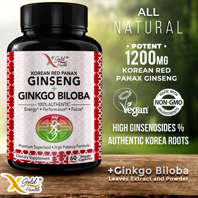 Korean Red Panax Ginseng 1200Mg + Ginkgo Biloba - Extra Strength Root Extract Powder Supplement W/High Ginsenosides Vegan Capsules for Energy, Performance & Focus Pills for Men & Women