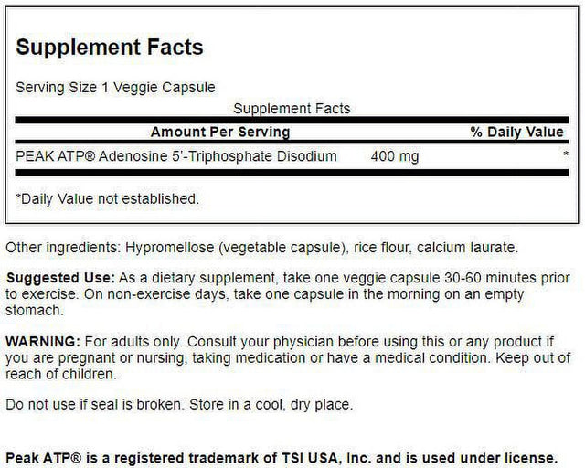 Swanson Maximum Strength PEAK ATP - Natural Supplement Promoting Cellular Energy Support - Supports Physical Performance and Promotes Healthy Blood Flow Support - (30 Veggie Capsules, 400Mg Each)