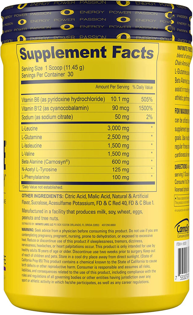 Infinite Labs Infinite Force BCAA High Performance Amino Recovery, 6Gms of Amino Acids, Grape Flavor, Caffeine Free, Electrolyte Powder for Hydration