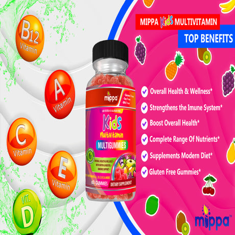 Mippa Kids Multivitamin Multi Gummies - Strengthens Immune System, Boost Overall Health and Wellness, Dietary Supplement, Complete Range of Nutrients, Vitamins A, C, D, E, B12 and More, Gummies