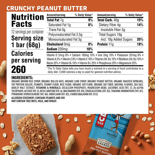 CLIF BARS - Energy Bars - Crunchy Peanut Butter - Made with Organic Oats - Plant Based Food - Vegetarian - Kosher (2.4 Ounce Protein Bars, 24 Count) Packaging May Vary