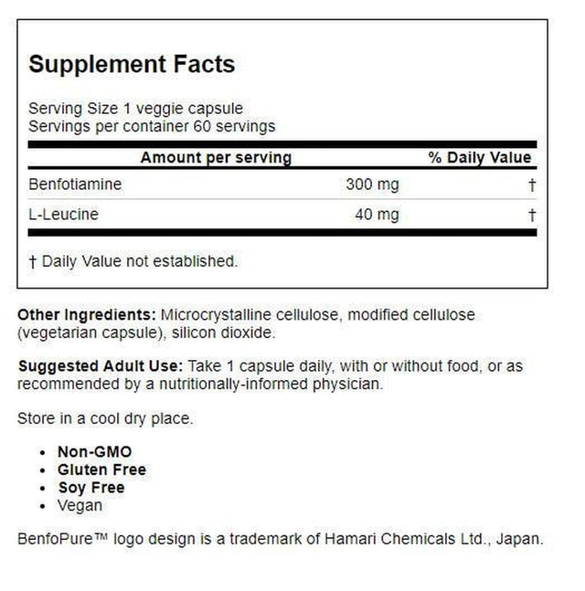 Doctor'S Best Benfotiamine + Benfopure (For Maintaining Blood Sugar Levels) Vegetarian Capsules, 300 Mg, 60 Ct