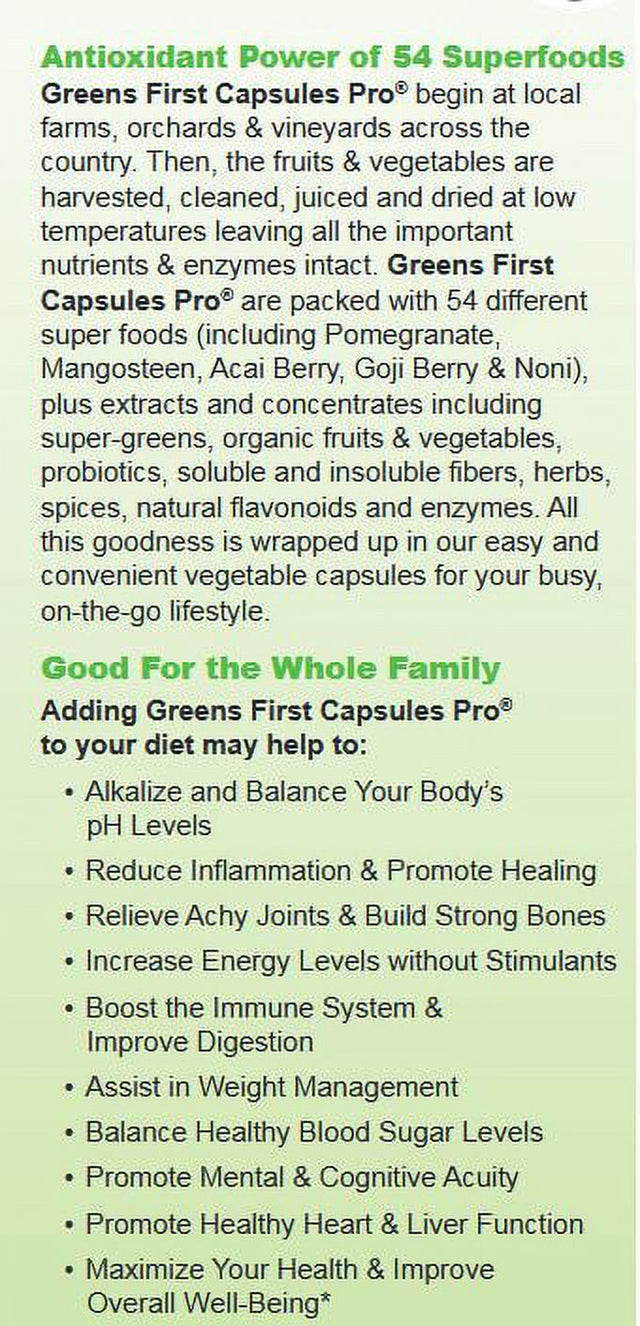 Greens First Pro-Capsules - 30 Servings - 54 Nutrient Rich-Antioxidant Superfoods, Organic Fruits & Vegetables, Dairy and Wheat Free, Non-Gmo - 180 Capsules