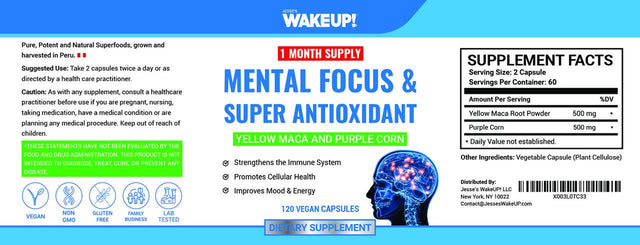 Yellow Maca & Purple Corn Brain-Boosting Nootropic Blend: Enhance Memory, Focus & Mood - 120 Potent Vegan Antioxidant Capsules for Immunity & Cellular Health