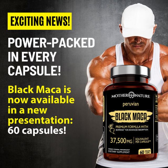 ORGANIC Black Maca Root Extract Highest Potency 50:1, 37,500Mg, 2 Month Supply, Boost Stamina, Performance, Energy, Muscle Gain & Workout, Peruvian Maca Pills W/Bioperine & Non-Gmo (60 Count)