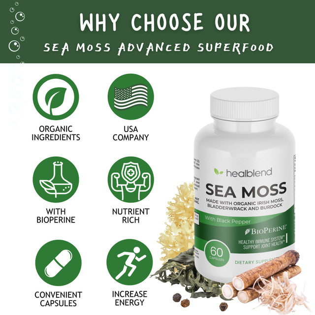 Healblend Organic Irish Moss, Bladderwrack, Burdock, & Bioperine - 1405Mg with Black Pepper - Natural Wellness and Detox Support Supplement - 60 Capsules 2-Pack