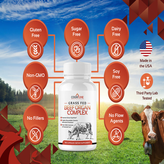 Grass Fed Beef Organ Supplement - Nutrient Rich Superfood with Grassfed Beef Liver, Heart, Kidney, Pancreas, Spleen, Nutrient Rich Superfood, Non-Gmo, Hormone Free, 180 Capsules