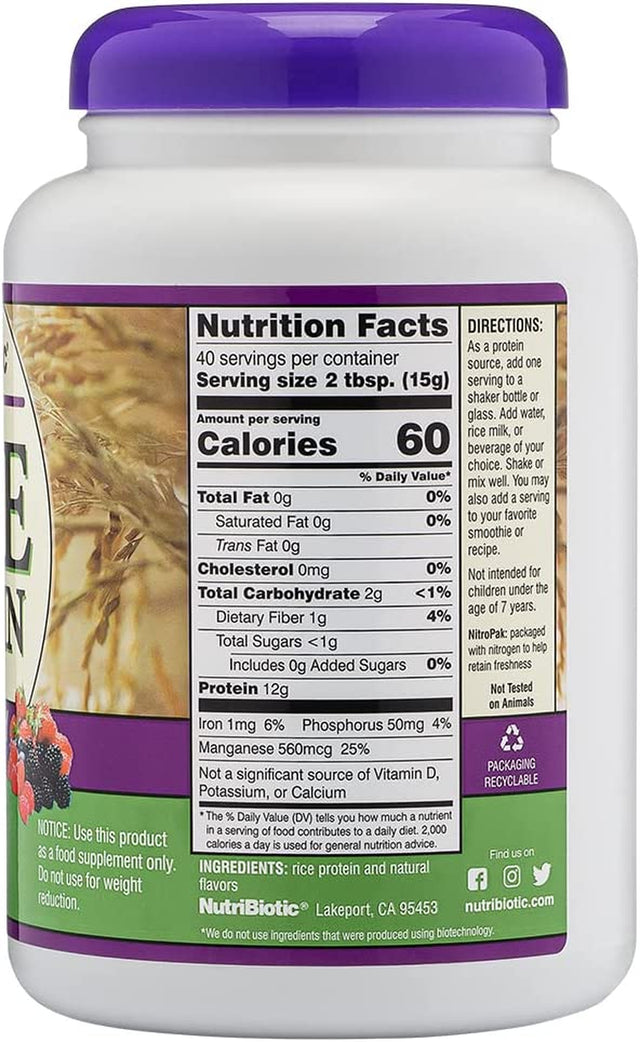 Nutribiotic – Mixed Berry Rice Protein, 1 Lb 5 Oz (600G) | Low Carb, Keto-Friendly, Vegan, Raw Protein Powder | Grown & Processed without Chemicals, Gmos or Gluten | Easy to Digest & Nutrient-Rich