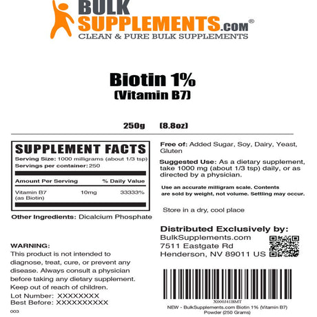 Bulksupplements.Com Biotin 1% (Vitamin B7) Powder - Biotin Vitamins for Hair Skin and Nails - Hair and Nails Vitamins for Women (250 Grams)