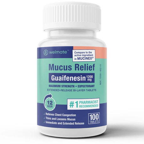 Welmate Mucus Relief - Guaifenesin 1200 Mg Maximum Strength - 100 Count Extended-Release Tablets