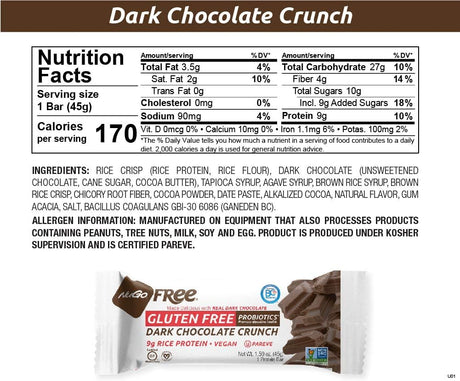 Nugo Free Dark Vegan 9G Rice Protein Bar, Probiotics, Gluten Free, Soy Free, Dark Chocolate Crunch, 1.59-Ounce Bars (Pack of 12)