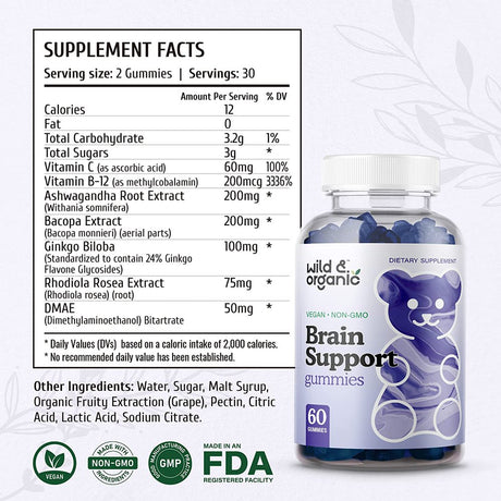 Wild & Organic Brain Support Gummies - Natural Nootropic and Focus Supplement, 60 Ct