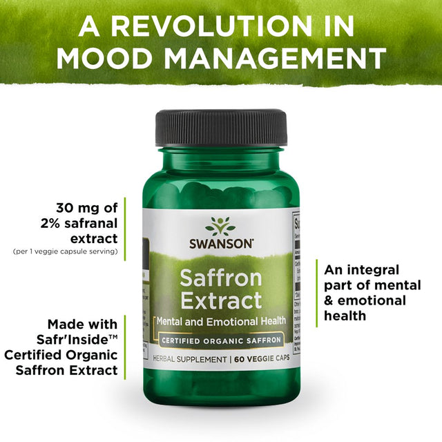 Swanson Saffron Extract - Herbal Supplement Promoting Mood Support - Natural Source of Eye Health Support & Weight Management - Organic Saffron Delivering 2% Safranal - (60 Veggie Capsules, 30Mg Each)