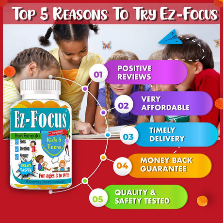 Ez-Focus Kids Brain Focus Chewable Gummies Supplements, Attention & Memory Help Formula for Children and Teens, Natural Omega DHA, Study Task Support