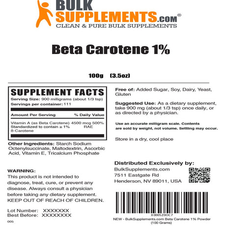 Bulksupplements.Com Beta Carotene Powder, 900Mg - Vitamin a Supplement - Supports Vision Health (100G - 111 Servings)